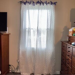 Pottery Barn Teen White Sheer Polka Dot Tie-Top Curtain with Purple Ties